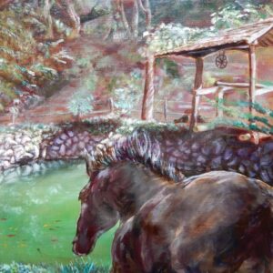 油絵 のおすすめ作品・人気作家 木 緑 魚 黄色 井戸 城 城跡 山 旗 水 水面 神社 茶色 馬 大炊井と神馬 Ooi-no-i インテリア絵画 アート