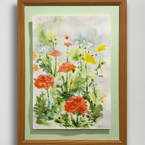 水彩画 のおすすめ作品・人気作家 水彩画 緑 花 黄色 イエロー オレンジ カラフル グリーン フラワー ラナンキュラスの花 インテリア絵画 アート