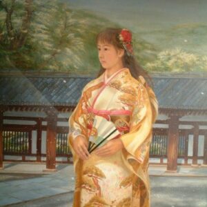 Uncategorized 黄色 F30 女性和服和風風景神社建物油彩 武蔵野美大卒 着物 春の訪れ インテリア絵画 アート