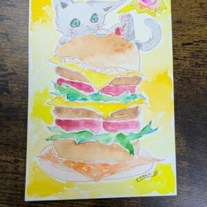 イラスト のおすすめ作品・人気作家 イラスト 水彩画 猫 アナログイラスト 手描きイラスト 透明水彩 ミルクとハンバーガー インテリア絵画 アート