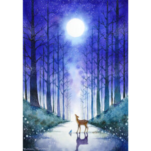 水彩画 のおすすめ作品・人気作家 イラスト 動物 森 水彩画 自然 アート 原画 散歩 月 月光 水彩 絵画 道 風景画 鹿 幾望の光 インテリア絵画 アート