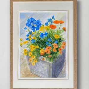 水彩画 のおすすめ作品・人気作家 水彩画 花 黄色 イエロー オレンジ カラフル フラワー ブルー 青 プランターに咲く3色の花 インテリア絵画 アート