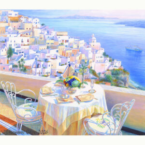 水彩画 のおすすめ作品・人気作家 海 アクリル画 エーゲ海 ギリシャ サントリーニ島 ブルー ヨーロッパ リゾート 地中海 版画 青 風景画 海外版画化額装サントリーニ島のテラス インテリア絵画 アート
