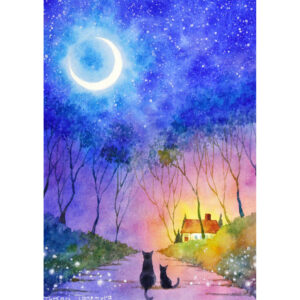 水彩画 のおすすめ作品・人気作家 イラスト 動物 夜 森 水彩画 猫 自然 黒 アート 三日月 原画 散歩 月 月光 水彩 絵画 道 風景画 月光る インテリア絵画 アート
