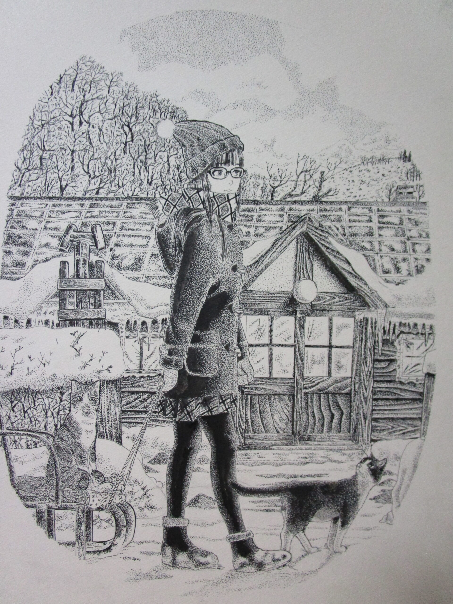 ペン画 ドローイングのおすすめ作品・人気作家 猫　少女　点描　モノクロ 冬の暮らし２ インテリア絵画 アート