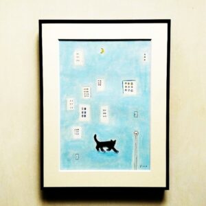 手描きイラスト のおすすめ作品・人気作家 青，水彩，水彩絵の具，猫，風景，風景画 夜の散歩 インテリア絵画 アート