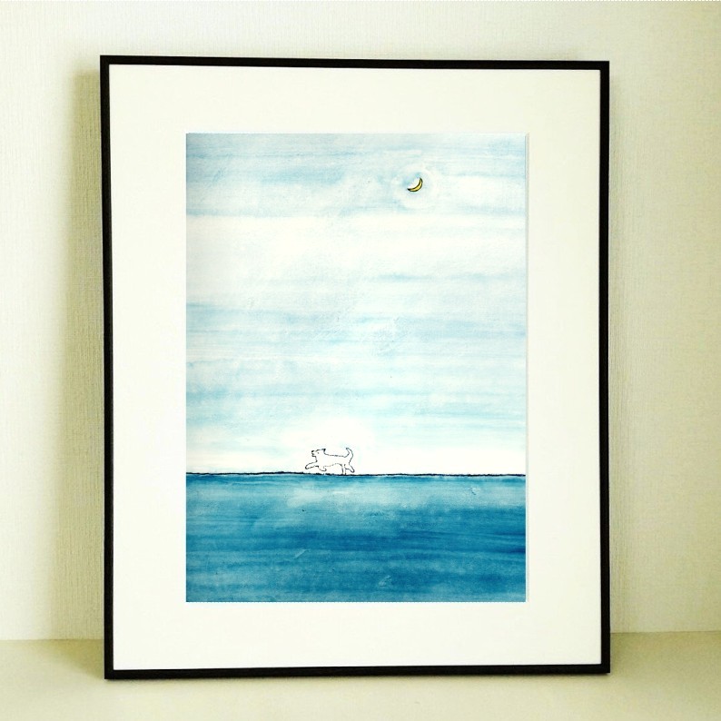 三日月と白い犬 | 上村奈央 ｜インテリア絵画 アートの専門通販