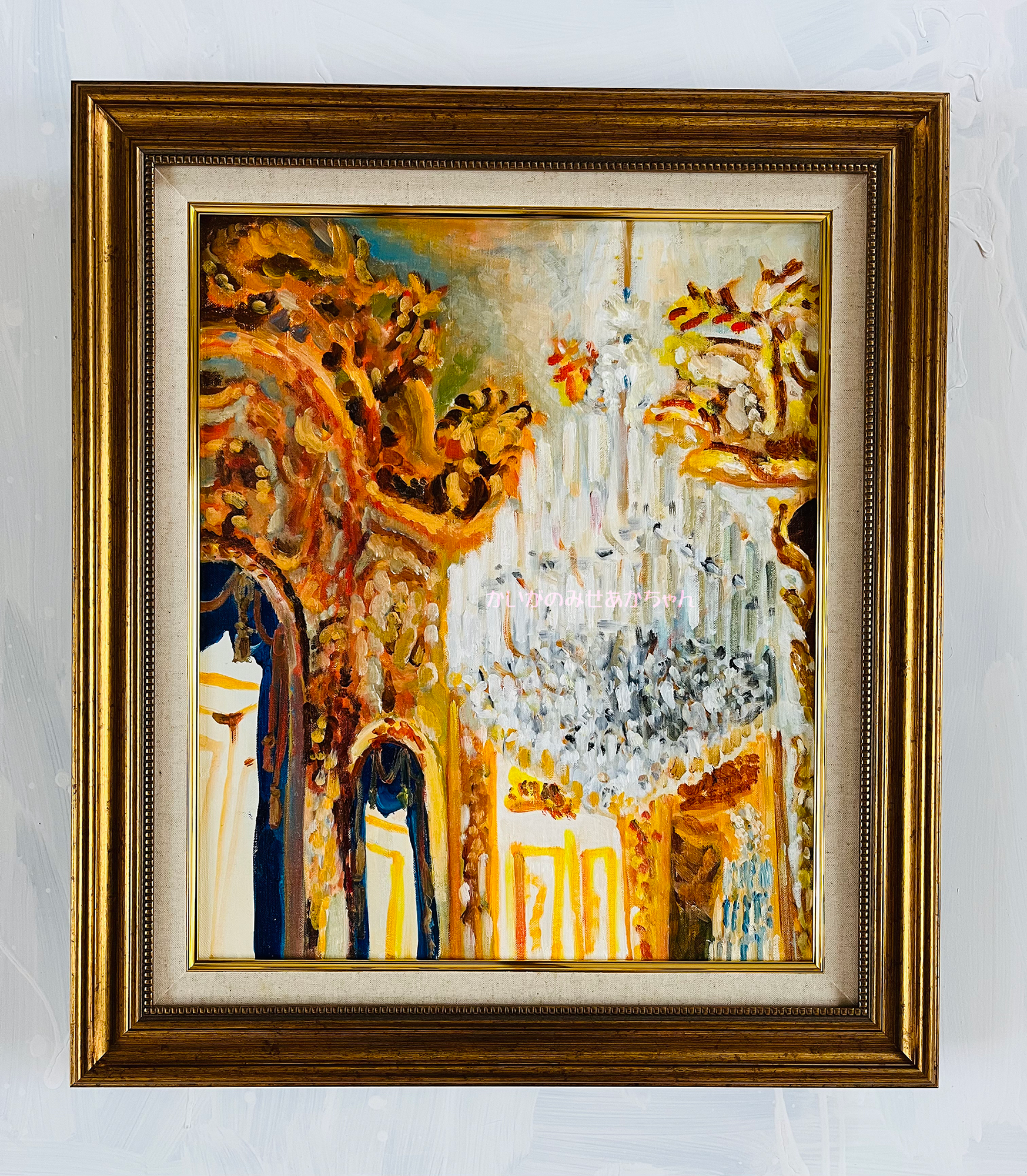 原画・油彩「シャンデリア」絵画・F8（38×46㎝）額装・アート