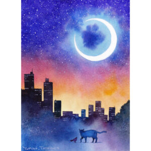 水彩画 のおすすめ作品・人気作家 イラスト 動物 夜 森 水彩画 猫 自然 黒 アート 三日月 原画 散歩 月 月光 水彩 絵画 道 風景画 二日月 インテリア絵画 アート