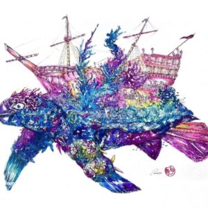 水彩画 のおすすめ作品・人気作家 宇宙 水彩画 ウミガメ ペン画 海洋生物 生き物 船 虹 Kingdom on Its Back | 原画 インテリア絵画 アート