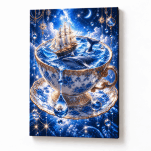 デジタルイラスト のおすすめ作品・人気作家 幻想美術 コバルトブルー 星海 海 幻想世界 金彩 ティーカップアート シュルレアリスム ぱち子 『星海を湛える青の杯』A Cup of the Starry Sea インテリア絵画 アート