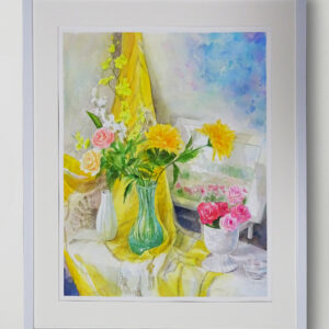 水彩画 のおすすめ作品・人気作家 水彩画 緑 花 赤 黄色 イエロー グリーン スカーフ フラワー ブルー レッド 青 黄色いスカーフと花たち インテリア絵画 アート