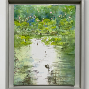 水彩画 のおすすめ作品・人気作家 ピンク 水彩画 緑 花 グリーン ブルー 水 池 蓮 青 風景 池尻池の蓮の花 インテリア絵画 アート