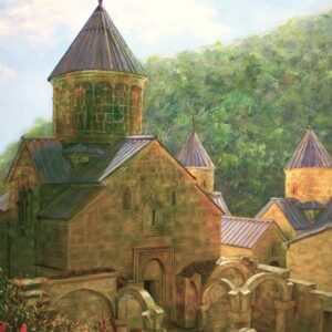 油絵 のおすすめ作品・人気作家 光 緑 花 赤 アルメニア 山 建造物 教会 石 茶 遺跡 ハガルツィン修道院 輝くゲヴィト (Haghartsin Monastery Complex) インテリア絵画 アート
