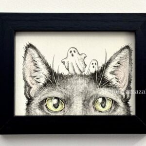 ペン画 ドローイングのおすすめ作品・人気作家 猫 1点物 お化け ハロウィン ペン画 原画 小作品 幽霊 黒猫 黒猫とお化け (スタンドタイプのフレーム付き) インテリア絵画 アート