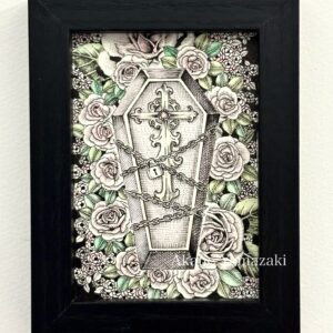 ペン画 ドローイングのおすすめ作品・人気作家 花 1点物 バラ ペン画 原画 小作品 棺 棺桶 花の棺 (スタンドタイプのフレーム付き) インテリア絵画 アート