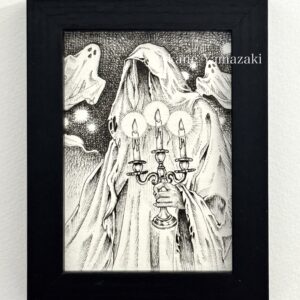 ペン画 ドローイングのおすすめ作品・人気作家 1点物 ハロウィン ペン画 原画 小作品 幽霊 蝋燭を持つ幽霊 (スタンドタイプのフレーム付き) インテリア絵画 アート