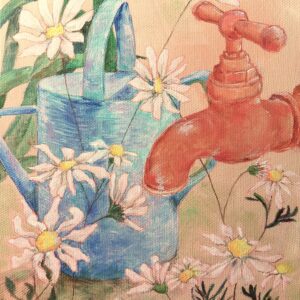 油絵 のおすすめ作品・人気作家 白 緑 花 黄色 カモミール ジョウロ ハーブ 茶色 蛇口 錆 青 カモミール インテリア絵画 アート