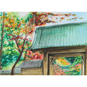 水彩画 のおすすめ作品・人気作家 木漏れ日 自然 原画 寺 景色 水彩 秋 紅葉 絵画 門 風景 風景画 狭間の向こうで インテリア絵画 アート