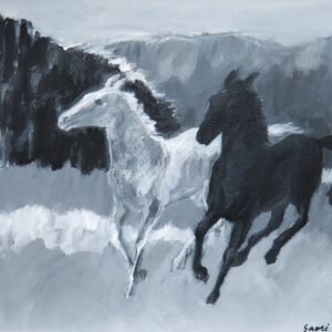 絵画 のおすすめ作品・人気作家 動物 白 自然 黒 モノクローム 動物画 風景 馬 友と走る インテリア絵画 アート