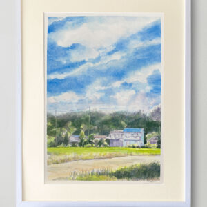 水彩画 のおすすめ作品・人気作家 水彩画 緑 グリーン ブルー 夏 樹々 民家 畑 青 青空 風景 大空高く インテリア絵画 アート