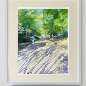 水彩画 のおすすめ作品・人気作家 水彩画 緑 グリーン ブルー 公園 日傘，夏 森林浴 樹々 青 青空 風景 青い日傘 インテリア絵画 アート